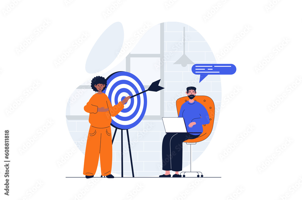 Leinwandbilder Teamwork web concept with character scene. Man and woman working together at project and targeting goals. People situation in flat design. Illustration for social media marketing material.