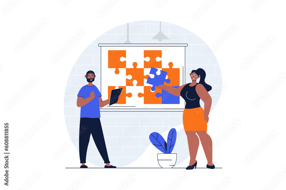Aufkleber teamwork web concept with character scene. man and woman collecting puzzles and working together at 