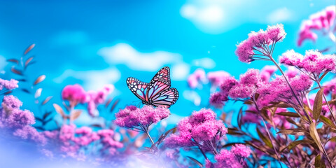 Fototapeta na wymiar Beautiful soft spring background with lilac flowers and butterfly . Panoramic pastel floral pink and purple template, AI Generated