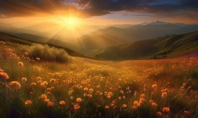  the sun is setting over a mountain valley with wildflowers.  generative ai