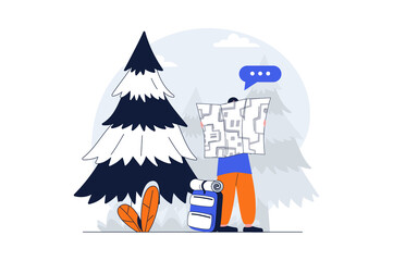 Travelling web concept with character scene. Man with backpack looking at map with route and hiking in forest. People situation in flat design. Illustration for social media marketing material.
