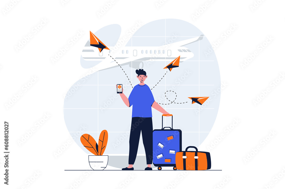 Poster Travelling web concept with character scene. Man with suitcase waiting for flight on vacation in airport. People situation in flat design. Illustration for social media marketing material.