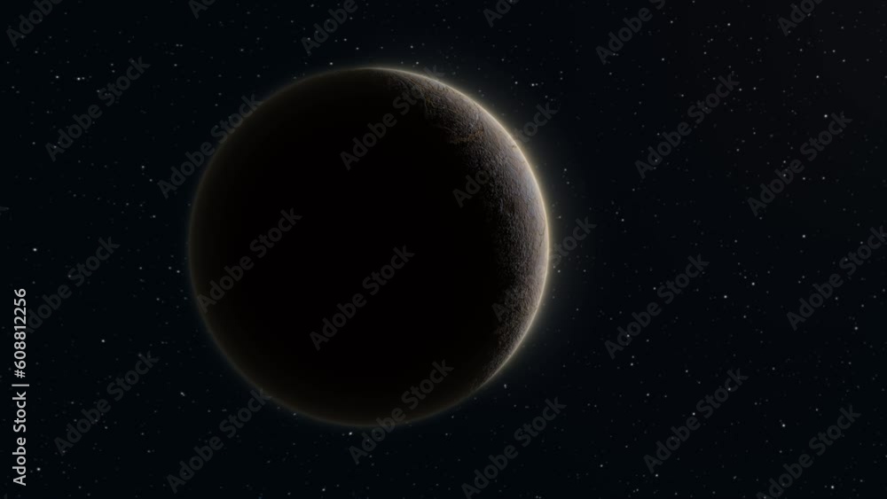 Poster abstract realistic space planet round sphere with a stone relief surface in space against the backgr