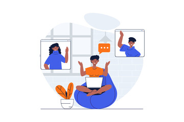 Video conference web concept with character scene. Women colleagues talking and working remotely at screens. People situation in flat design. Illustration for social media marketing material.