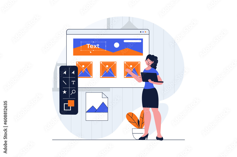 Poster web development concept with character scene. woman creating graphic elements and placing content at
