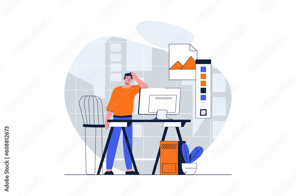 Poster web development concept with character scene. man creating graphic elements and working with drawing