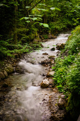Obraz premium View of a creek cascading downhill through the rugged wilderness of the scenic Dr. Vogelgesang-Klamm gorge in Spital am Pyhrn, Austria