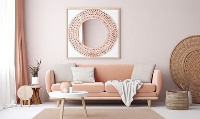  a living room with a pink couch and a white table.  generative ai