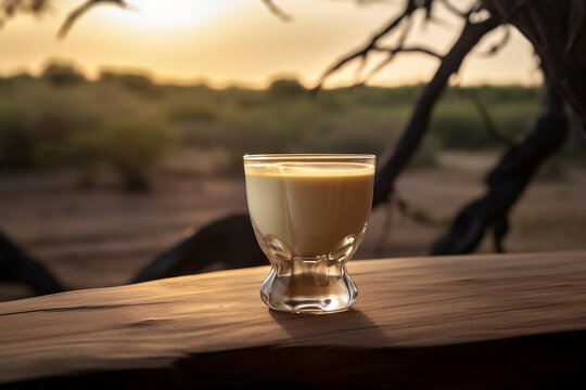 a shot of cream liqueur on wooden table golden hour safari