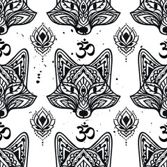 Fox mandala ornament Om sign. Vector pattern illustration. Flower Ethnic drawing. Fox animal nature in Zen boho style. Coloring page black and white