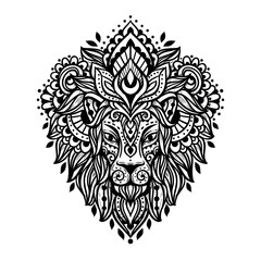 Lion mandala head. Vector illustration. Flower Ethnic drawing. Decorative Lion animal in Zen boho style. Boho, hippie for decoration