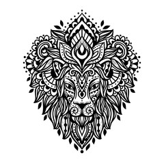 Lion mandala head. Vector illustration. Flower Ethnic drawing. Decorative Lion animal in Zen boho style. Boho, hippie for decoration