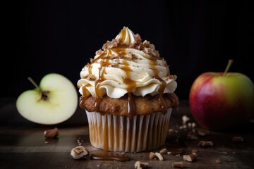 Amazing Apple Pie Cupcake closeup view with blurred apples in background. AI Generated