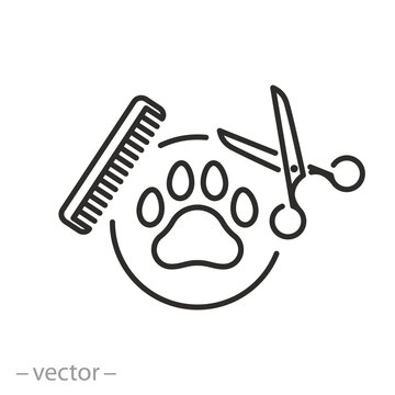 animal grooming salon icon, pet grooming, dog or cat paw, scissors with comb for groomer, thin line symbol - editable stroke vector illustration