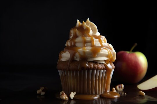 Amazing Apple Pie Cupcake closeup view on white plate with blurred items in background. AI Generated