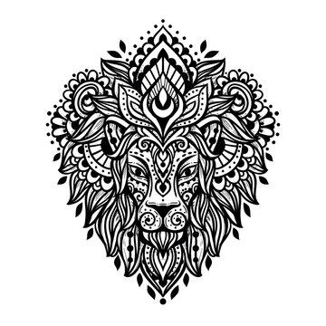 recommend clip art: Lion mandala head. Vector illustration. Flower Ethnic drawing. Decorative Lion animal in Zen boho style. Boho, hippie for decoration