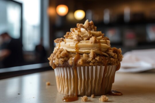 Amazing Apple Pie Cupcake closeup view with blurred background. AI Generated