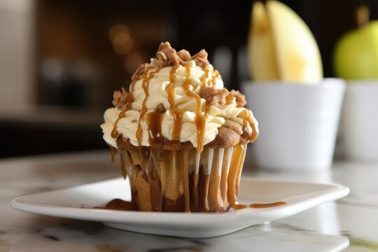 Amazing Apple Pie Cupcake closeup view on white plate with blurred items in background. AI Generated