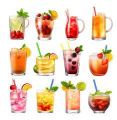 Set of fruit colorful drink coctail isolated on the transparent background PNG. AI generative.