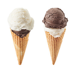 chocolate and vanilla ice cream with cone isolated on white
