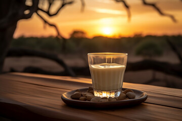 shot of cream liqueur on wooden table sunset stone decorations - obrazy, fototapety, plakaty