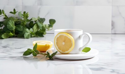  a cup of tea with a slice of lemon on the side. generative ai