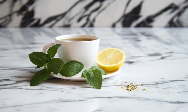  a cup of tea with lemon and mint on a marble table.  generative ai