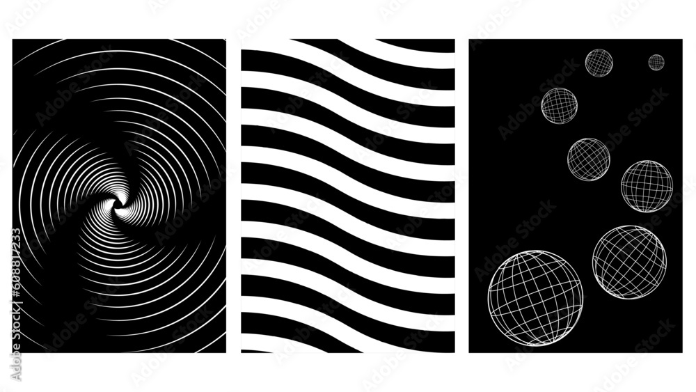 Aufkleber Set of abstract aesthetic y2k geometric elements and 3D wireframe shapes. Black and white retro line design elements. Vector illustration for social networks or posters. EPS 10