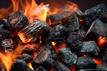 Burning charcoal coals from a fire as background.

