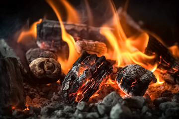 Hot coals in the fire. Burning charcoal coals from a fire as background.
