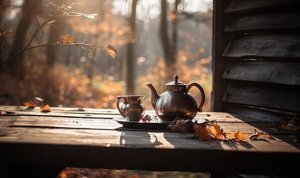  a tea pot and a tea cup on a wooden table.  generative ai