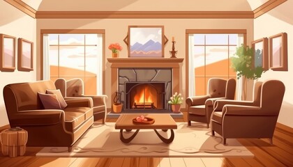 A cozy modern farmhouse living room features a gas fireplace. (Illustration, Generative AI)
