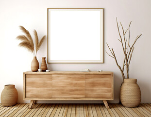 Wooden rustic chest of drawers near wall with blank poster frame with copy space. Interior design of modern living room. Created with generative AI