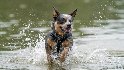 dog running in water