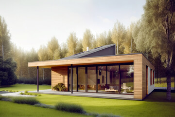 Modern villa decorated with wooden planks cladding in green forest. Created with generative Ai