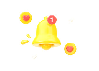 Bell icon 3d render - mail ui yellow illustration with heart, alarm element, new gold attention web concept