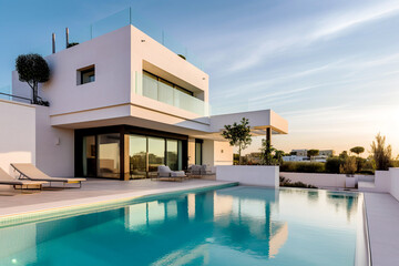 Exterior of modern minimalist cubic villa with swimming pool at sunset. Created with generative Ai - obrazy, fototapety, plakaty