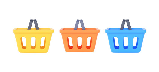 Supermarket basket 3d render icon set - market bag, online store handbag and consumerism cartoon empty package