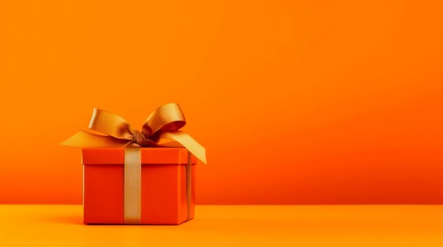 Orange gift box with golden ribbon and bow on orange background with copy space. Generative AI.
