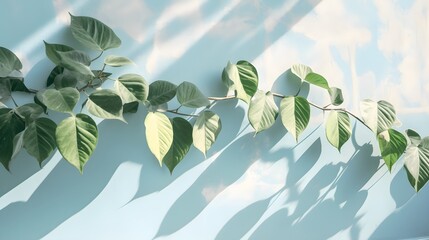 Soft-Focus Branch and Green Leaves on Blue Wall