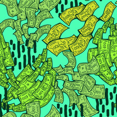 Money seamless vector pattern background for print design. Hundred dollars banknotes, a lot of cash for finance. economy, business success theme. Hand drawn line illustration, cartoon style drawing.