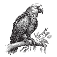 Parrot sitting on branch hand drawn sketch illustration © BigJoy