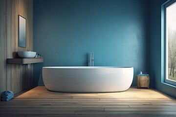 Fototapeta na wymiar a contemporary bathroom with a bathtub on the wooden floor in a barren room interior background home designs, the bathtub in front of an empty blue wall object home decorating. Generative AI