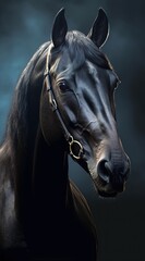 Portrait of a black horse, close-up. vertically. Generative AI