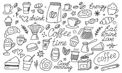 Doodle coffee shop icons. Outline hand drawn