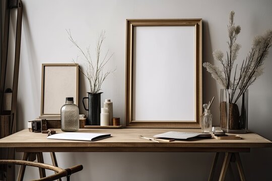 A close up of a straightforward office setting featuring a copy area, a mock up frame, a painting brush, and a glass vase on a white desk with a modern rustic background. Generative AI