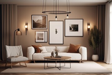Fototapeta na wymiar ,, Mockup picture frame in the living room or den, a cozy room with a luxurious sofa and lovely furniture,. Generative AI