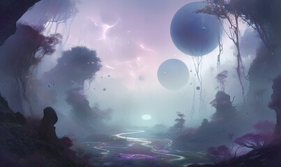  a painting of a fantasy forest with a stream of water.  generative ai