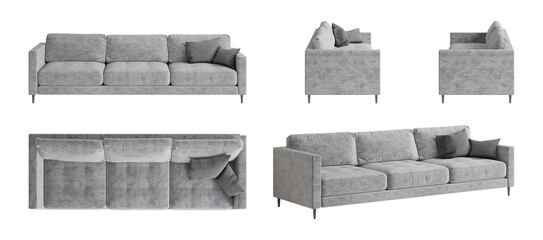 Set of five views of a contemporary three-seater sofa with a light gray fabric cover, gray pillows, and black legs. Front view, side views, top view, and perspective view. 3d render