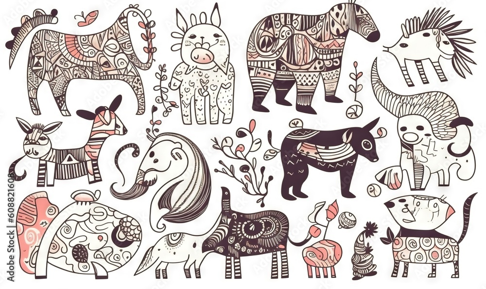 Poster a drawing of a group of animals with different designs on them. generative ai